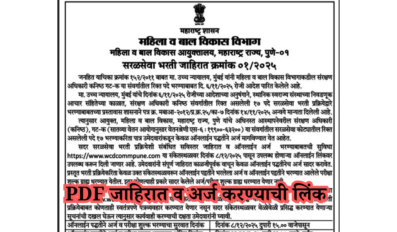 महिला व बाल विकास विभागात विविध पदांची भरती | PDF जाहिरात व अर्ज करण्याची लिंक mahila bal kalyan vibhag bharti