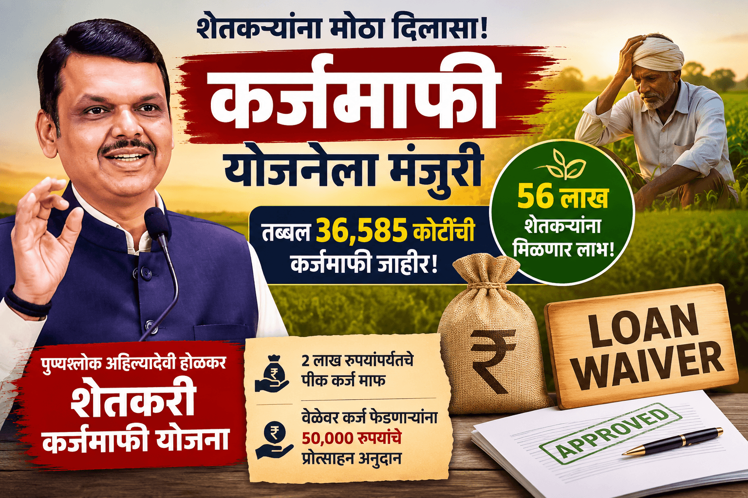 Karj Mafi अखेर जाहीर! बळीराजाच्या डोक्यावरचं कर्जाचं ओझं उतरणार, फडणवीस सरकारची ३६,५८५ कोटींची ऐतिहासिक Karj Mafi योजना, जाणून घ्या कोणाला मिळणार लाभ!