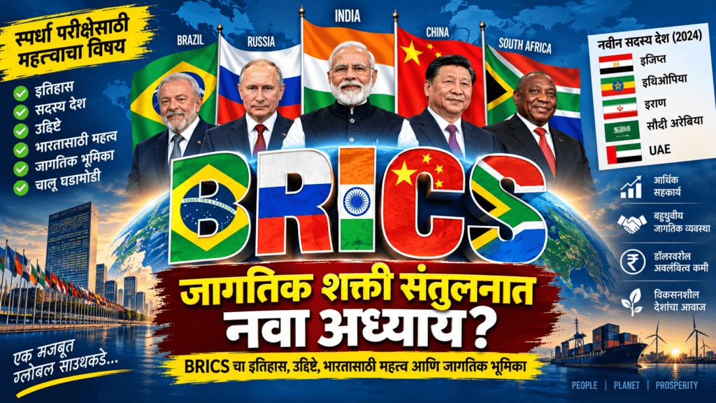 BRICS संघटनेची माहिती, सदस्य देश आणि BRICS history and भारतासाठी महत्त्व दर्शवणारे मराठी माहितीचित्र